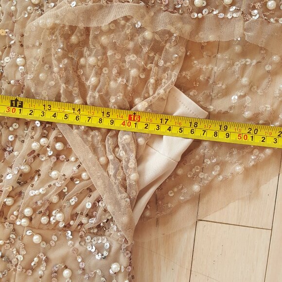 Mac Duggal ! Pearl Sequin Beaded Mesh Boat Neck Short Flutter Sleeve Shawl Gown - Picture 7 of 9